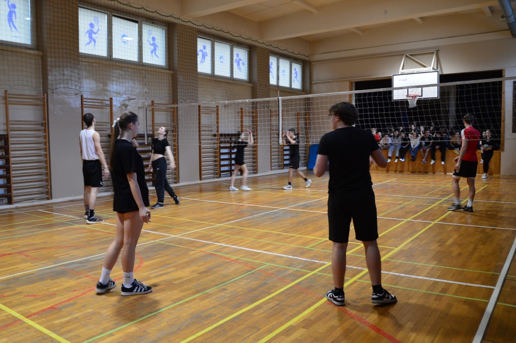 Uczniowie na sali gimnastycznej grają w siatkówkę